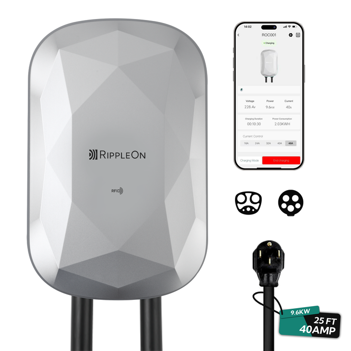 RIPPLEON Level 2 EV Charger w/Tesla Adapter 9.6KW J1772 Nema 14-50 Plug for Home - 40Amp Smart WiFi Wall Charger Station, 25Ft Cable 240V Electric Vehicle Charger,ETL,FCC,Energy Star Certified White
