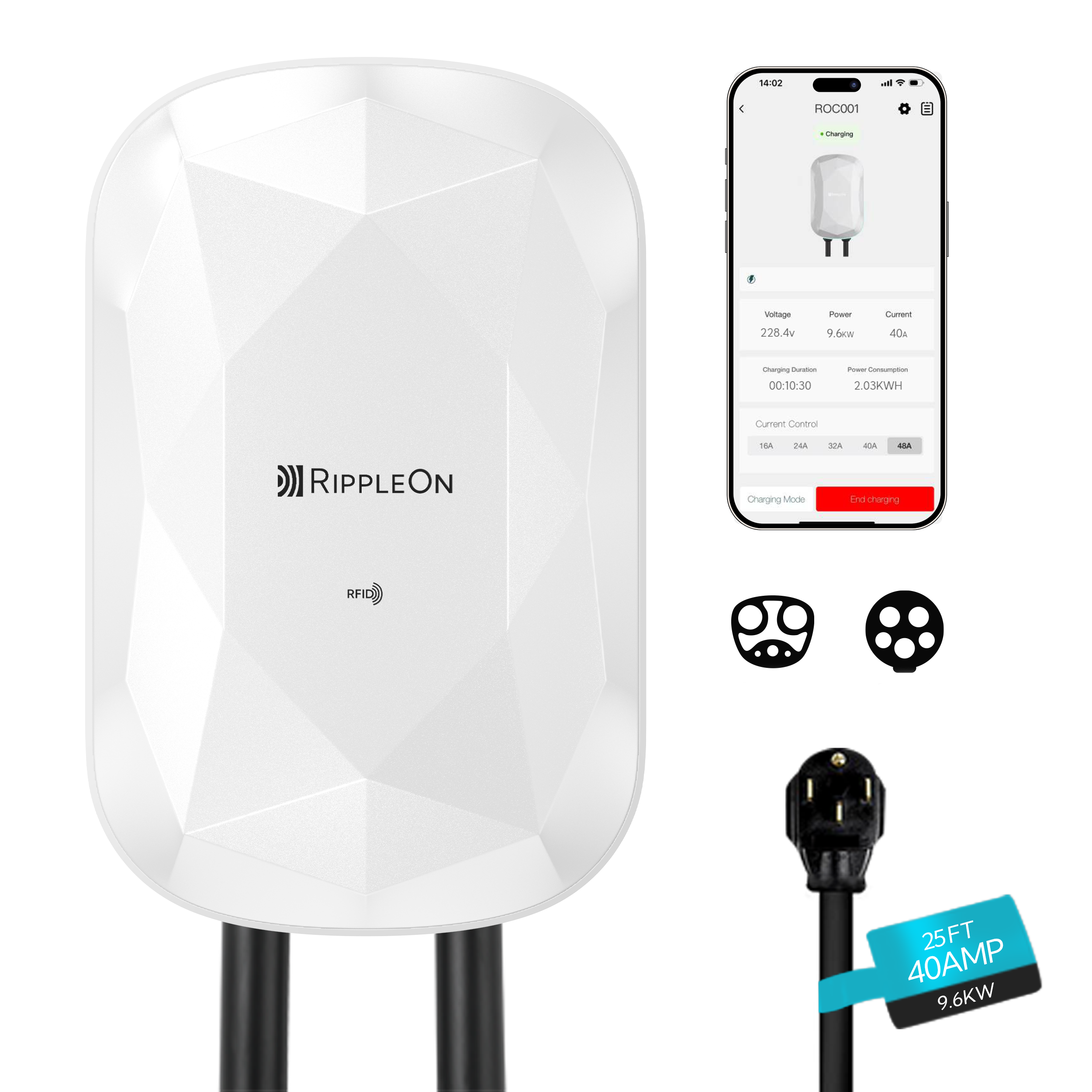RIPPLEON Level 2 EV Charger w/Tesla Adapter 9.6KW J1772 Nema 14-50 Plug for Home - 40Amp Smart WiFi Wall Charger Station, 25Ft Cable 240V Electric Vehicle Charger,ETL,FCC,Energy Star Certified White