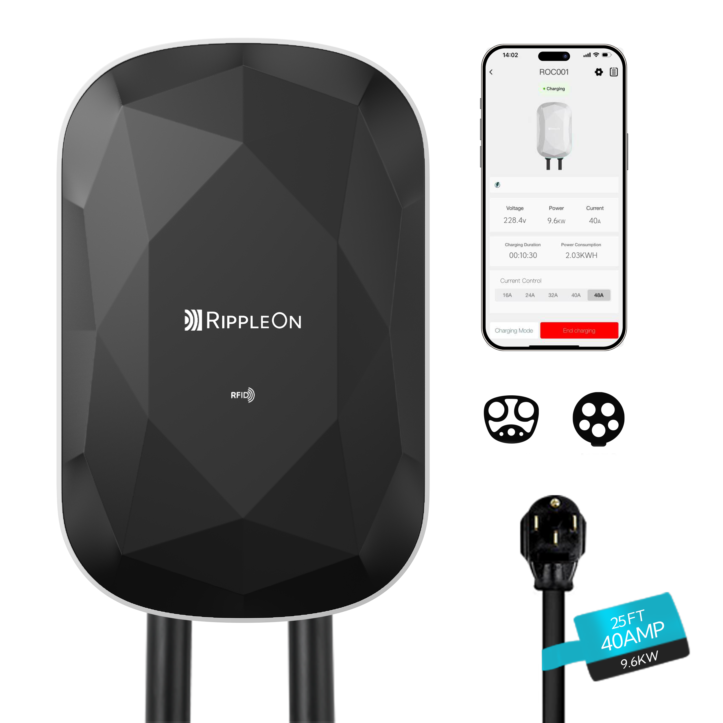 RIPPLEON Level 2 EV Charger w/Tesla Adapter 9.6KW J1772 Nema 14-50 Plug for Home - 40Amp Smart WiFi Wall Charger Station, 25Ft Cable 240V Electric Vehicle Charger,ETL,FCC,Energy Star Certified White