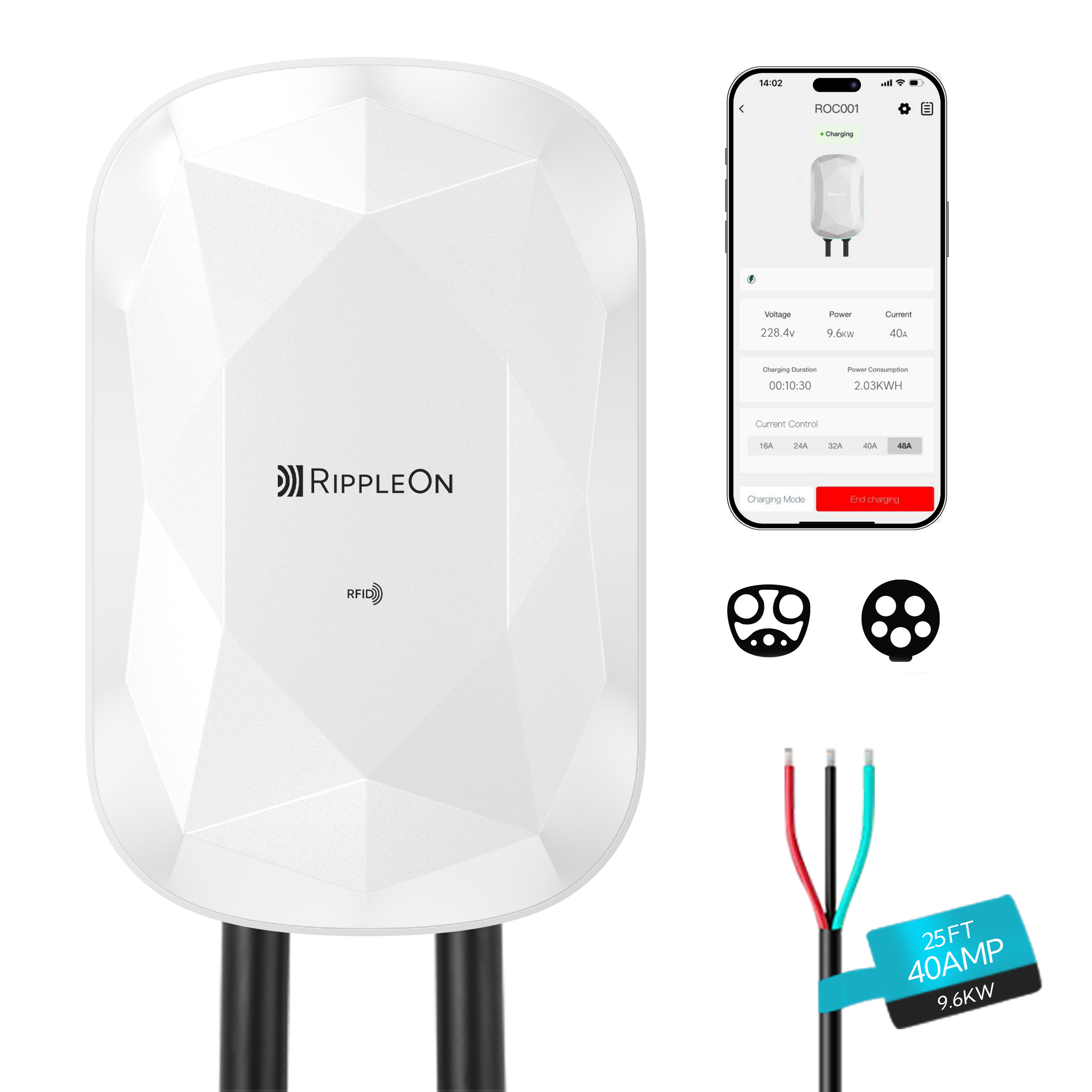 RIPPLEON Level 2 EV Charger w/Tesla Adapter 9.6KW J1772 Nema 14-50 Plug for Home - 40Amp Smart WiFi Wall Charger Station, 25Ft Cable 240V Electric Vehicle Charger,ETL,FCC,Energy Star Certified White