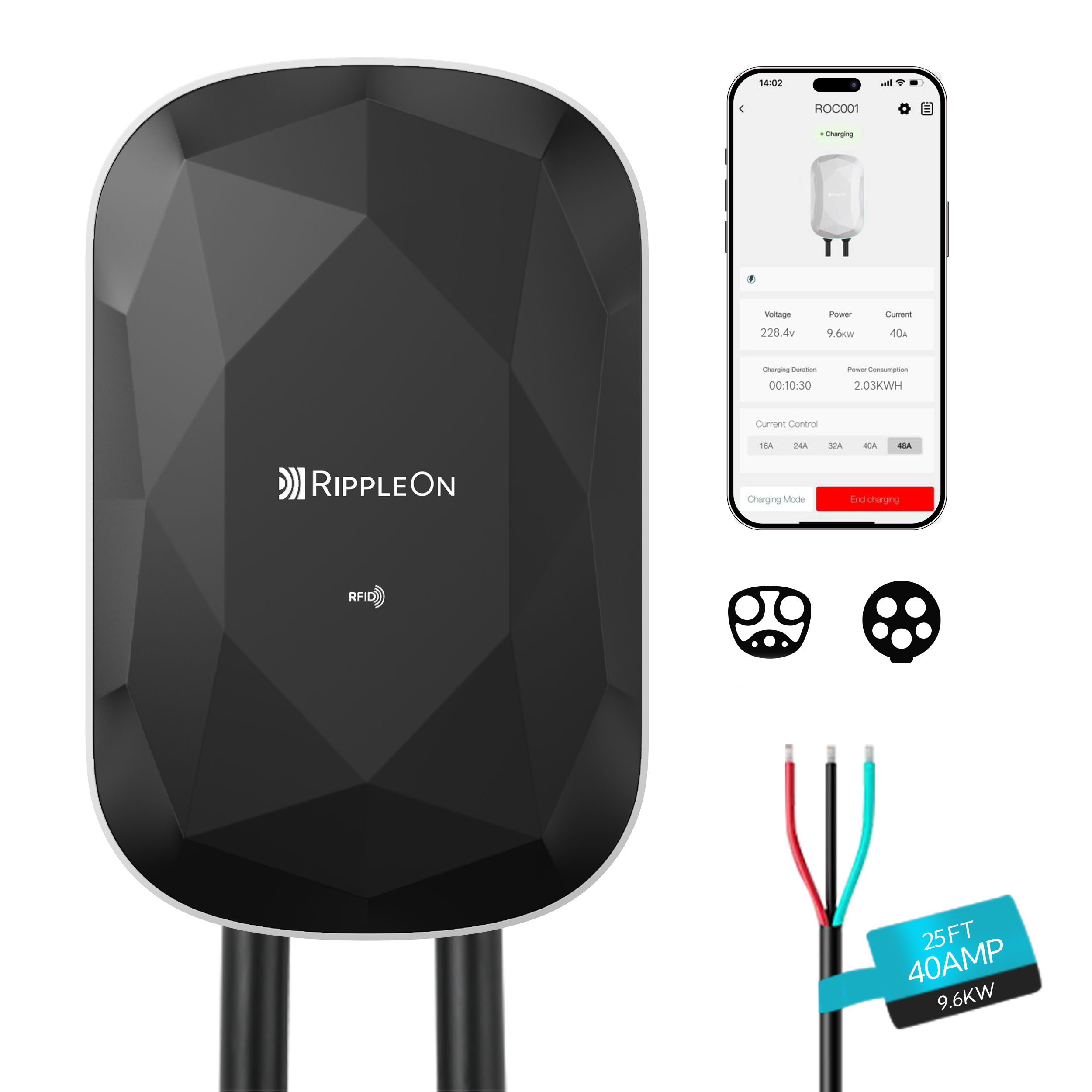 RIPPLEON Level 2 EV Charger w/Tesla Adapter 9.6KW J1772 Nema 14-50 Plug for Home - 40Amp Smart WiFi Wall Charger Station, 25Ft Cable 240V Electric Vehicle Charger,ETL,FCC,Energy Star Certified White