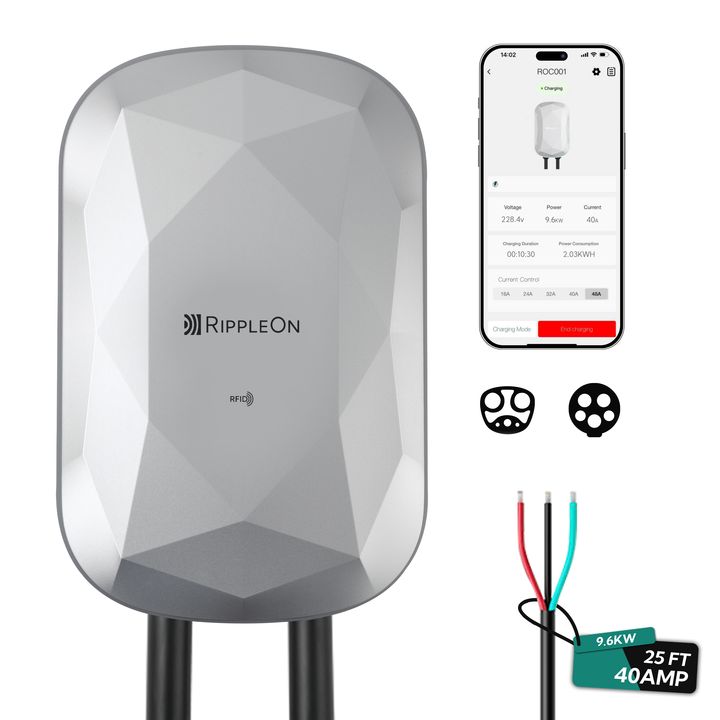 RIPPLEON Level 2 EV Charger w/Tesla Adapter 9.6KW J1772 Nema 14-50 Plug for Home - 40Amp Smart WiFi Wall Charger Station, 25Ft Cable 240V Electric Vehicle Charger,ETL,FCC,Energy Star Certified White